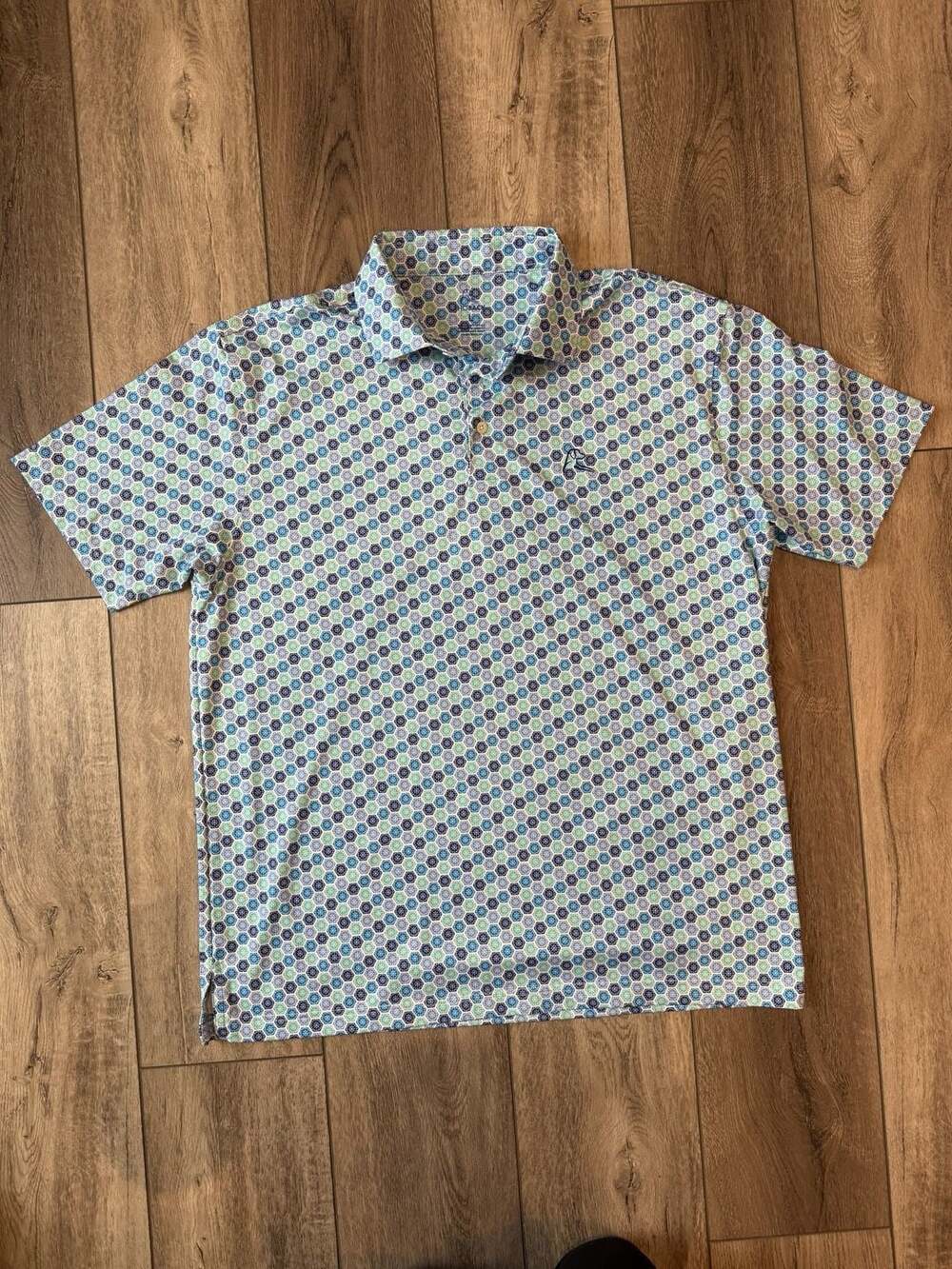 Rhoback Polo Shirt Size L Blue Green Geometric Hexagon Print Men's